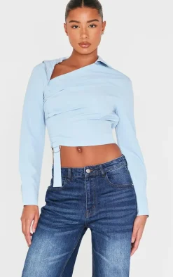 Blue Ruched Buckle Asymmetric Shirt