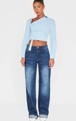 Blue Ruched Buckle Asymmetric Shirt