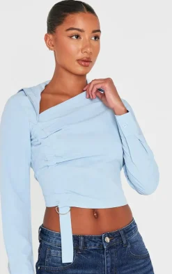 Blue Ruched Buckle Asymmetric Shirt