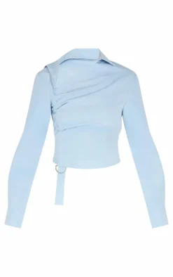 Blue Ruched Buckle Asymmetric Shirt