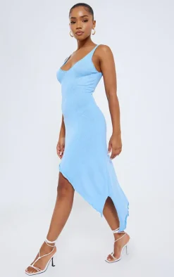 Blue Ruffled Asymmetric Hem Hem Floaty Maxi Dress