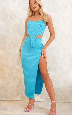 Blue Satin Bandeau Corset Stirrup Hem Split Midaxi Dress
