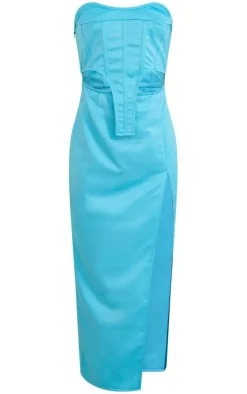 Blue Satin Bandeau Corset Stirrup Hem Split Midaxi Dress