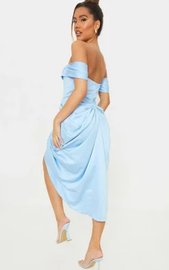 Blue Satin Draped Bardot Midi Dress