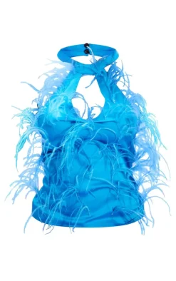 Blue Satin Halter Neck Feather Detail Top