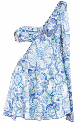 Blue Satin One Shoulder Cut Out Floaty Skort Romper