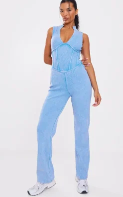 Blue Seam Detail Straight Leg Rib Jumpsuit