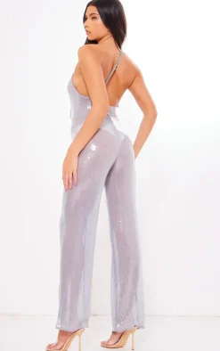 Blue Sequin Cowl Neck Ring Detail Jumpsuit