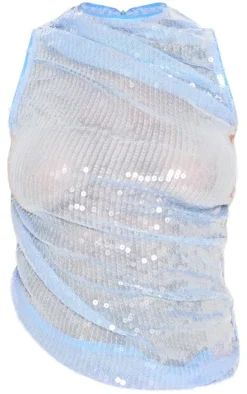 Blue Sequin Ruched Asymmetric Long Top