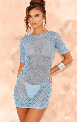 Blue Sheer Glitter Knit Mini Dress