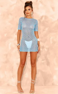 Blue Sheer Glitter Knit Mini Dress