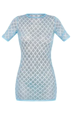 Blue Sheer Glitter Knit Mini Dress