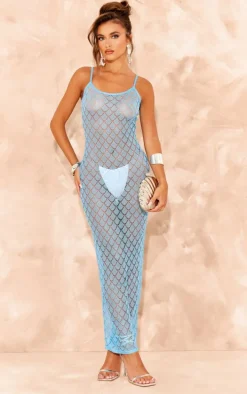 Blue Sheer Glitter Knit Strappy Maxi Dress