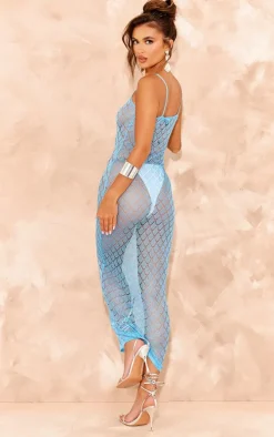 Blue Sheer Glitter Knit Strappy Maxi Dress