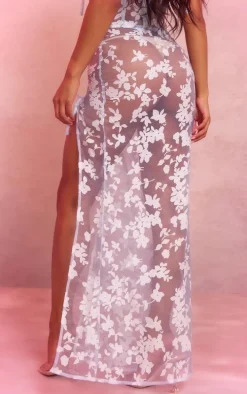 Blue Sheer Jacquard Ruched Maxi Skirt