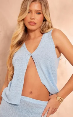 Blue Sheer Textured Knit Button Front Vest Top