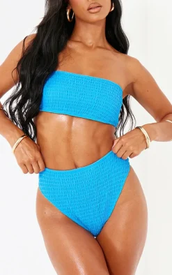 Blue Shirred High Waist Bikini Bottoms