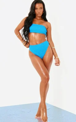 Blue Shirred High Waist Bikini Bottoms