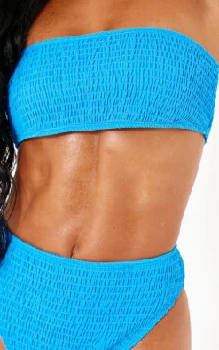 Blue Shirred High Waist Bikini Bottoms