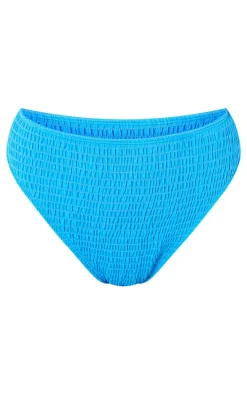 Blue Shirred High Waist Bikini Bottoms