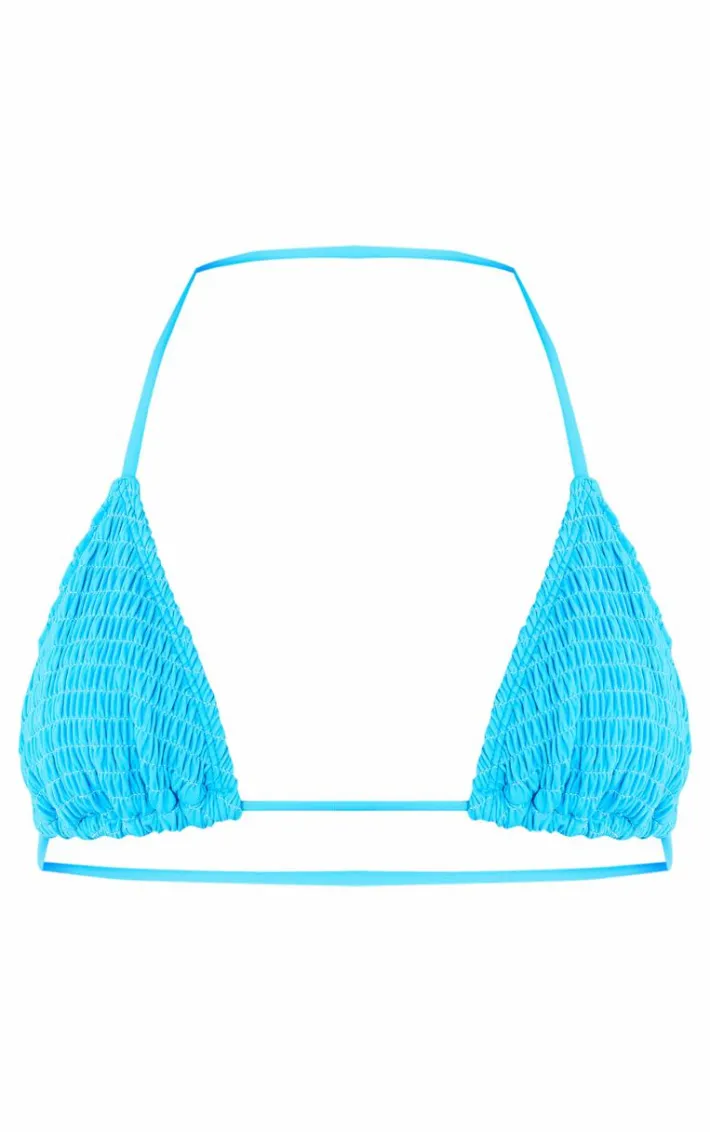 Blue Shirred Triangle Bikini Top
