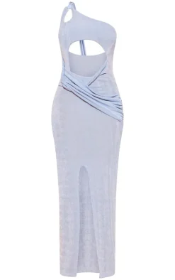 Blue Slinky Acetate One Shoulder Cut Out Cross Front Maxi Dress