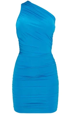 Blue Slinky Ruched One Shoulder Bodycon Dress