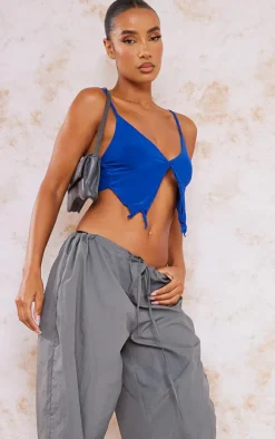 Blue Slinky Split Frill Crop Top