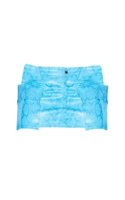 Blue Snake Effect Faux Leather Pocket Micro Mini Skirt