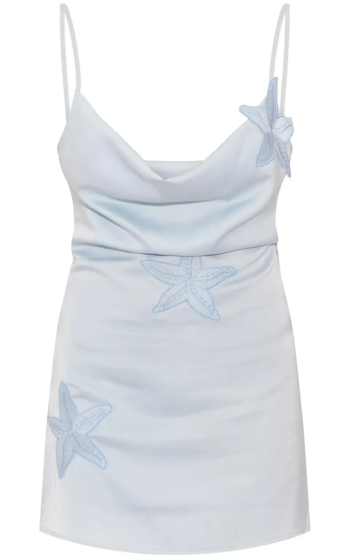 Blue Starfish Detail Cowl Neck Shift Dress