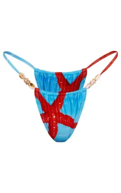Blue Starfish Print Stone Trim Triangle Bikini Bottoms