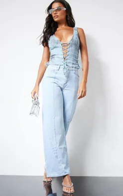 Blue Steel Washed Twill Lace Up Detail Plunge Sleeveless Top