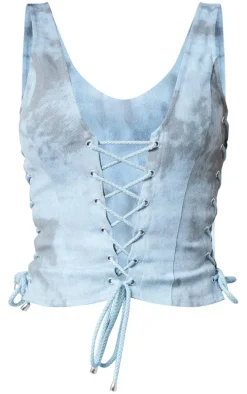Blue Steel Washed Twill Lace Up Detail Plunge Sleeveless Top