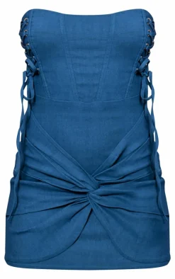 Blue Stretch Woven Bandeau Lace Up Corset Bodycon Dress