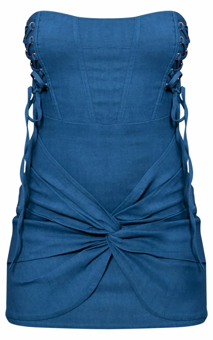 Blue Stretch Woven Bandeau Lace Up Corset Bodycon Dress