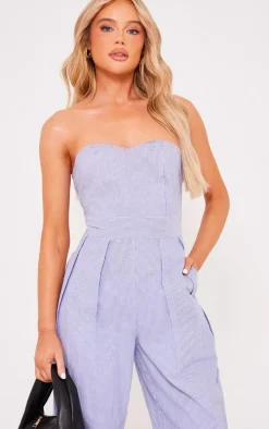 Blue Stripe Bandeau Cotton Pleated Detail Wide Leg Jumpsuit
