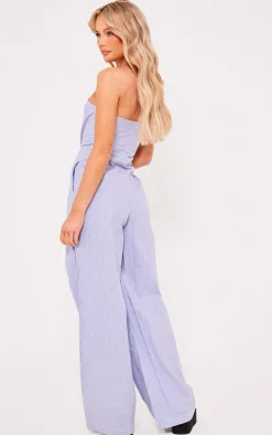 Blue Stripe Bandeau Cotton Pleated Detail Wide Leg Jumpsuit