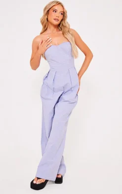 Blue Stripe Bandeau Cotton Pleated Detail Wide Leg Jumpsuit