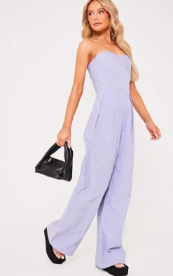 Blue Stripe Bandeau Cotton Pleated Detail Wide Leg Jumpsuit