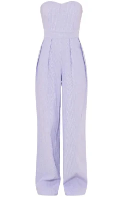 Blue Stripe Bandeau Cotton Pleated Detail Wide Leg Jumpsuit