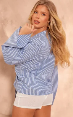 Blue Stripe Cotton Ruched Bow Shirt