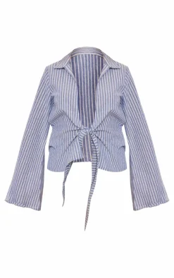 Blue Stripe Cotton Ruched Bow Shirt