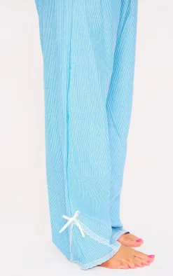 Blue Stripe Croissant Bow Long Pant Lace Detail Set