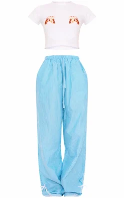 Blue Stripe Croissant Bow Long Pant Lace Detail Set