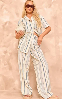 Blue Stripe Linen Look High Waisted Tailored Pants