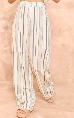 Blue Stripe Linen Look High Waisted Tailored Pants