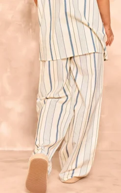 Blue Stripe Linen Look High Waisted Tailored Pants