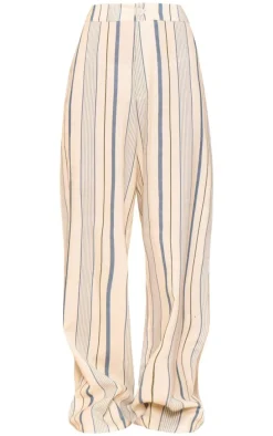 Blue Stripe Linen Look High Waisted Tailored Pants