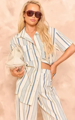 Blue Stripe Linen Look Pocket Front Short Sleeve Oversized Shirt