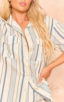 Blue Stripe Linen Look Pocket Front Short Sleeve Oversized Shirt